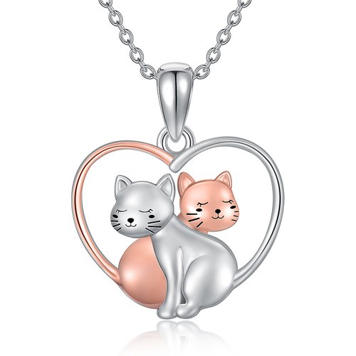 Sterling Silver Two-tone 2 Cats & Heart Pendant Necklace