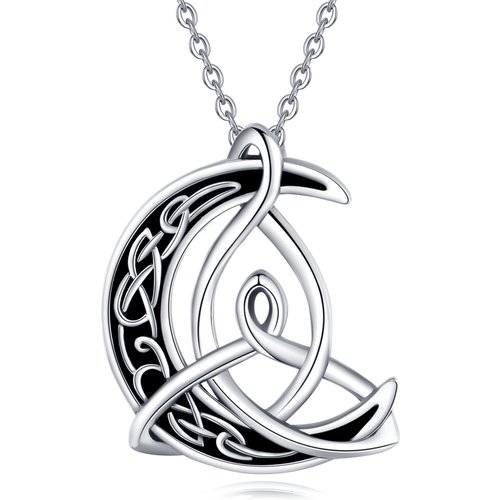 Sterling Silver Two-tone Celtic Knot & Moon Pendant Necklace