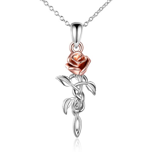 Sterling Silver Two-tone Celtic Knot Rose Branch Pendant Necklace