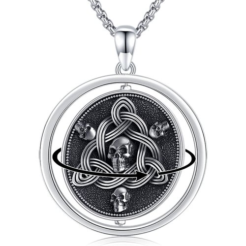Sterling Silver Two-tone Celtic Knot & Skull Spinner Necklace for Men