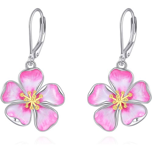 Sterling Silver Two-tone Cherry Blossom Lever-back Earrings