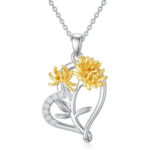 Sterling Silver Two-tone Cubic Zirconia Chrysanthemum & Heart Pendant Necklace