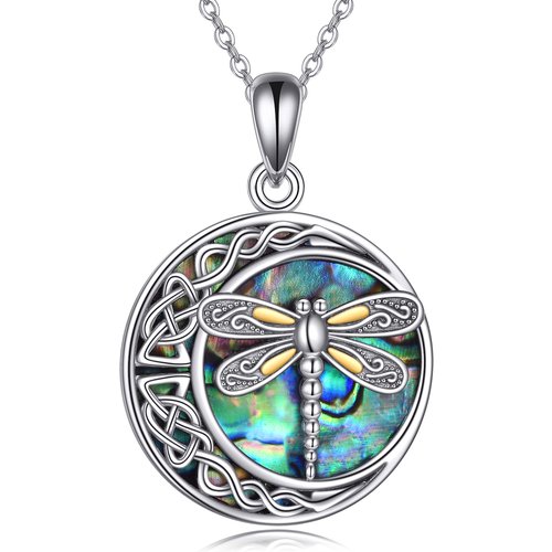 Sterling Silver Two-Tone Abalone Shellfish Dragonfly Celtic Knot And Moon Pendant Necklace For Unisex