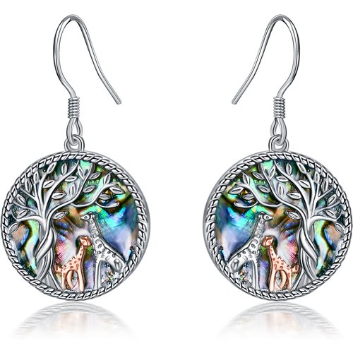 Sterling Silver Two-tone Circular Shaped Abalone Shellfish Giraffe & Tree Of Life Drop Earrings
