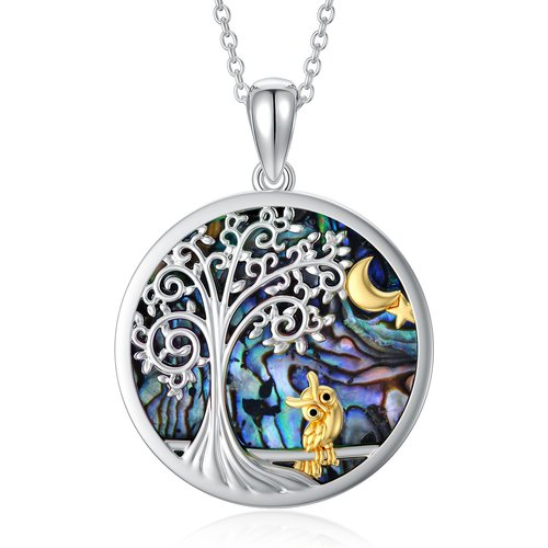 Sterling Silver Two-tone Circular Shaped Abalone Shellfish Owl & Tree Of Life Pendant Necklace