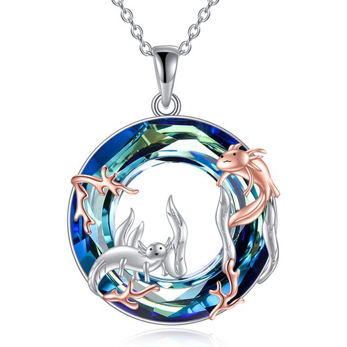 Sterling Silver Two-tone Circular Shaped Axolotl Crystal Pendant Necklace