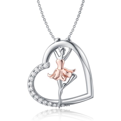 Sterling Silver Two-tone Circular Shaped Cubic Zirconia Ballet Dancer & Heart Pendant Necklace