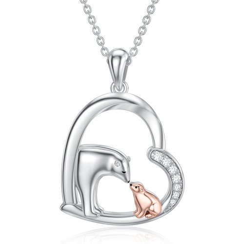Sterling Silver Two-tone Circular Shaped Cubic Zirconia Bear & Heart Pendant Necklace