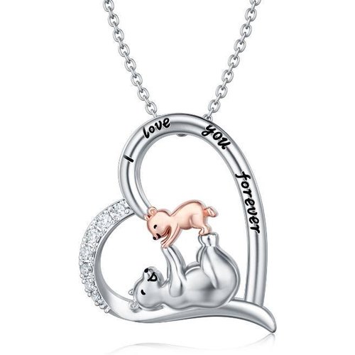 Sterling Silver Two-tone Circular Shaped Cubic Zirconia Bear & Heart Pendant Necklace with Engraved Word