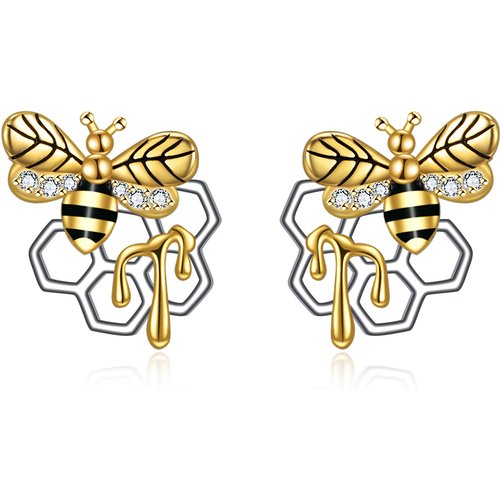 Sterling Silver Two-tone Circular Shaped Cubic Zirconia Bees Stud Earrings
