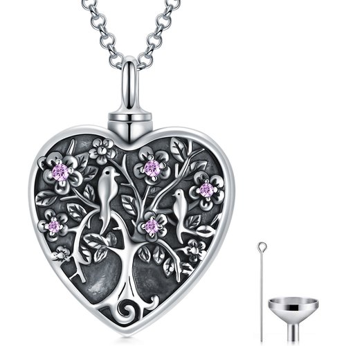 Sterling Silver Two-tone Circular Shaped Cubic Zirconia Bird & Tree Of Life Urn Necklace for Ashes
