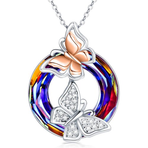 Sterling Silver Two-tone Circular Shaped Butterfly Crystal Pendant Necklace