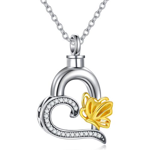 Sterling Silver Two-tone Circular Shaped Cubic Zirconia Butterfly & Heart Urn Necklace for Ashes