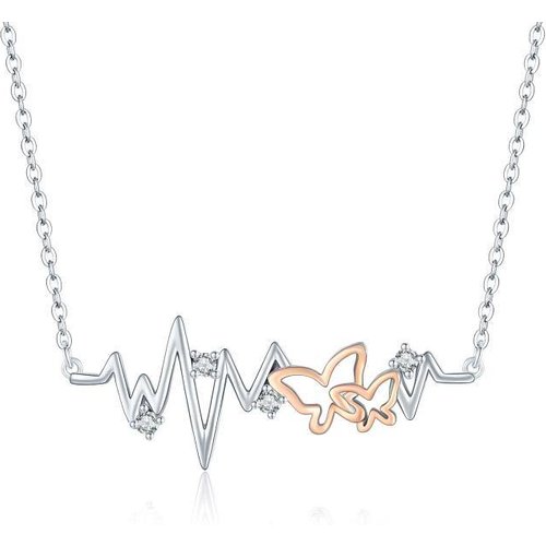 Sterling Silver Two-tone Circular Shaped Cubic Zirconia Butterfly Pendant Necklace
