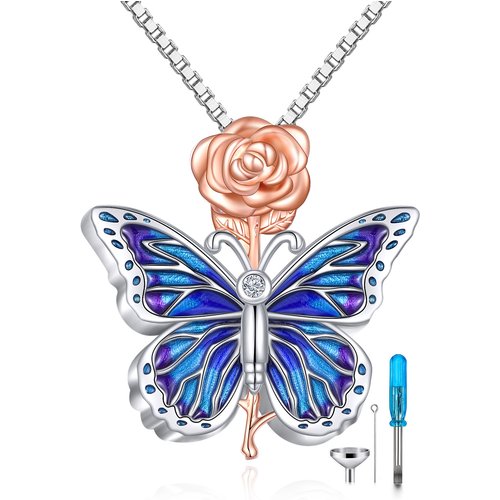 Sterling Silver Two-tone Circular Shaped Cubic Zirconia Butterfly & Rose Urn Necklace for Ashes