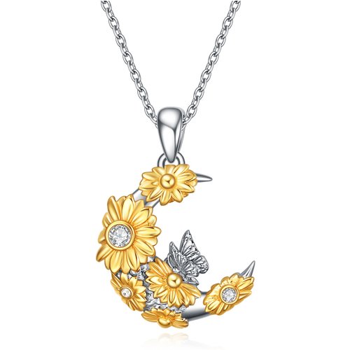 Sterling Silver Two-Tone Circular Cubic Zirconia Butterfly & Sunflower Moon Pendant Necklace For Women Best Friends