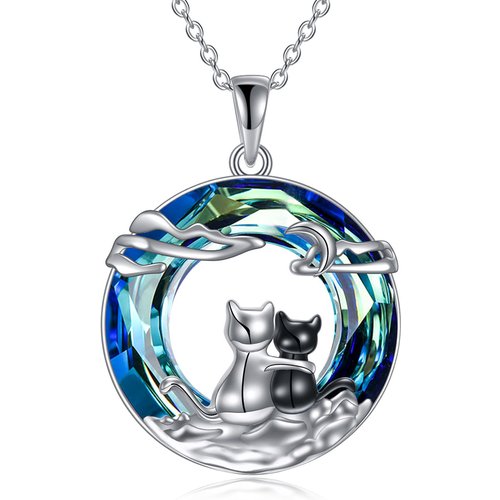 Sterling Silver Two-Tone Circular Cat & Couple & Cloud & Moon Crystal Pendant Necklace With Engraved Word