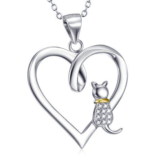 Sterling Silver Two-tone Circular Shaped Cubic Zirconia Cat & Heart Pendant Necklace