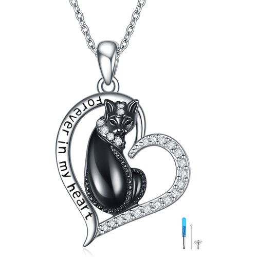 Sterling Silver Two-tone Circular Shaped Cubic Zirconia Cat & Heart Urn Necklace for Ashes with Engraved Word