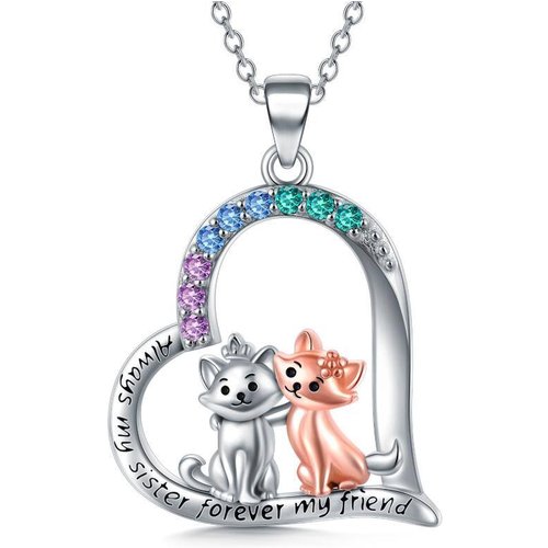 Sterling Silver Two-Tone Cz Heart Cats Pendant Necklace Jewelry Gift For Sisters