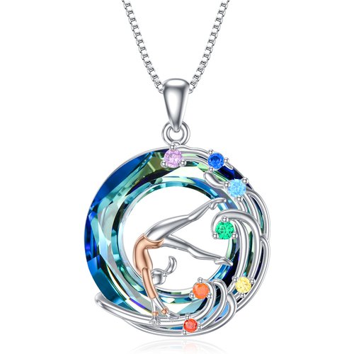 Sterling Silver Two-tone Circular Shaped Chakras & Gymnast Crystal Pendant Necklace