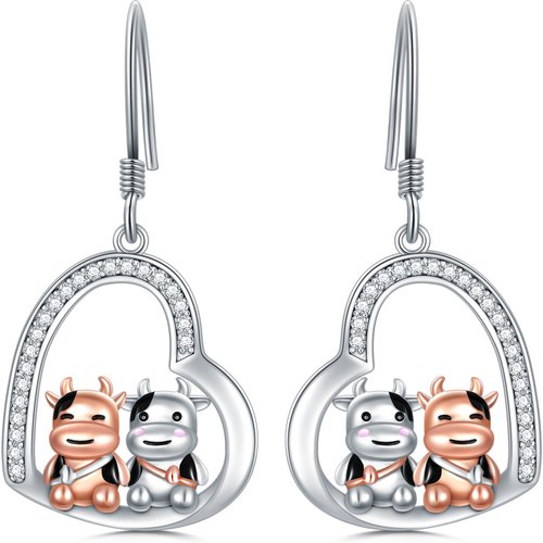 Sterling Silver Two-tone Circular Shaped Cubic Zirconia Cow & Heart Drop Earrings