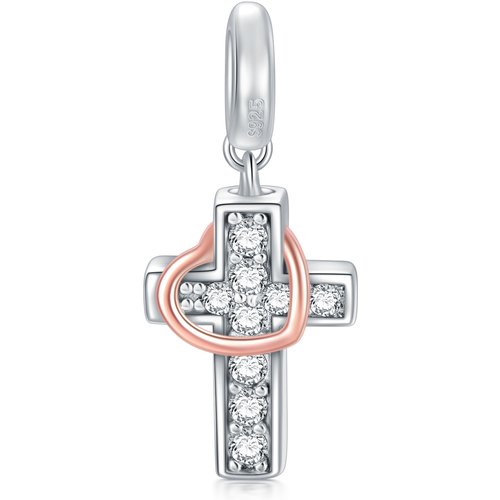 Sterling Silver Two-tone Circular Shaped Cubic Zirconia Cross & Heart Dangle Charm with Engraved Word