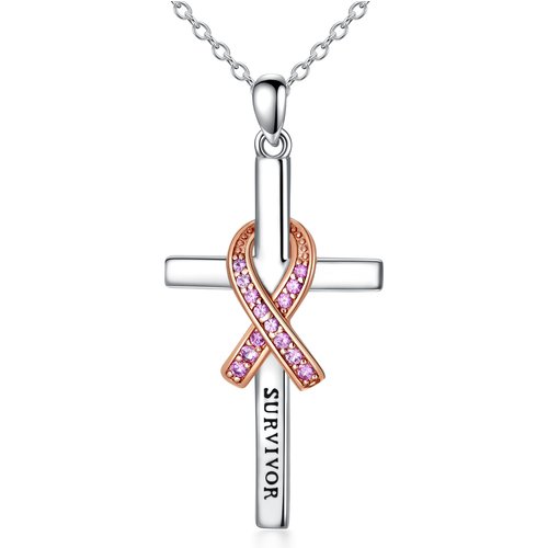 Sterling Silver Two-tone Circular Shaped Cubic Zirconia Cross & Ribbon Pendant Necklace with Engraved Word