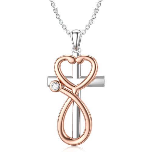 Sterling Silver Two-tone Circular Shaped Cubic Zirconia Cross & Stethoscope Pendant Necklace