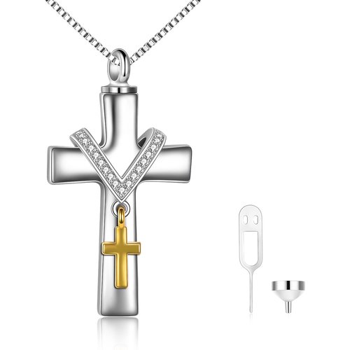 Sterling Silver Two-tone Circular Shaped Cubic Zirconia Cross Urn Necklace for Ashes