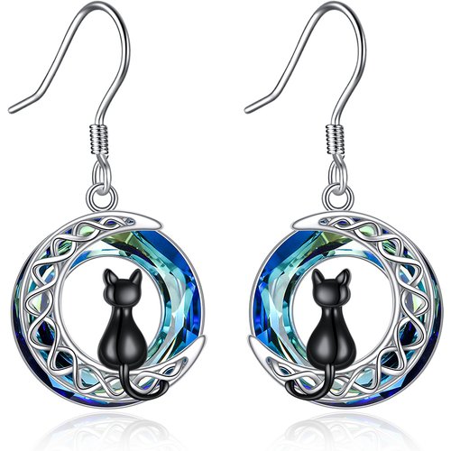 Sterling Silver Two-Tone Circular Crystal Cat & Celtic Knot With Moon Drop Earrings For Women