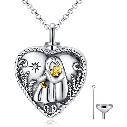 Sterling Silver Two-tone Circular Shaped Crystal Cat & Heart Urn Necklace for Ashes with Engraved Word