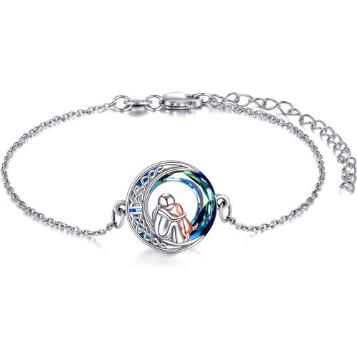 Sterling Silver Two-tone Circular Shaped Crystal Dog & Celtic Knot Charm Bracelet