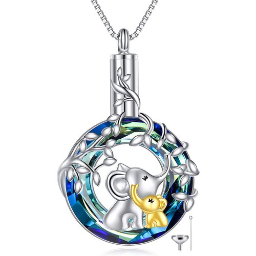 Sterling Silver Two-tone Circular Shaped Crystal Elephant & Leaves Urn Necklace for Ashes