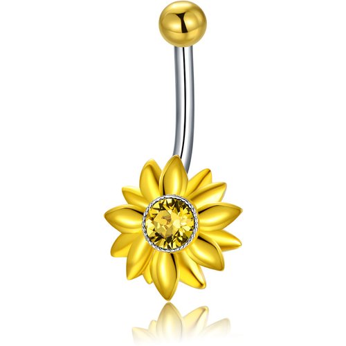 Sterling Silver Two-tone Circular Shaped Crystal Sunflower Belly Button Ring