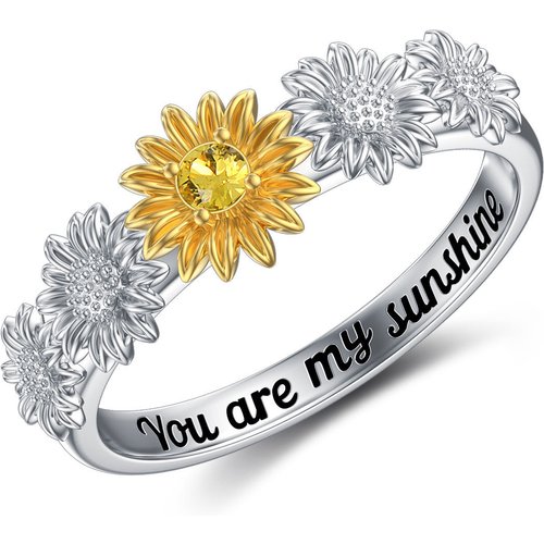Sterling Silver Two-tone Round Shaped Crystal Sunflower Ring with Engraved Word