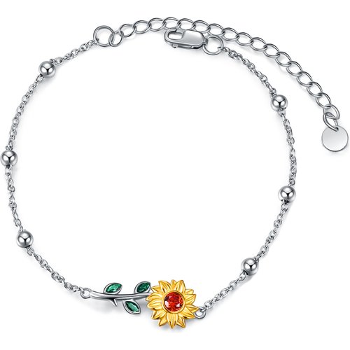 Sterling Silver Two-tone Circular Shaped Crystal & Cubic Zirconia Sunflower Single Chain Anklet
