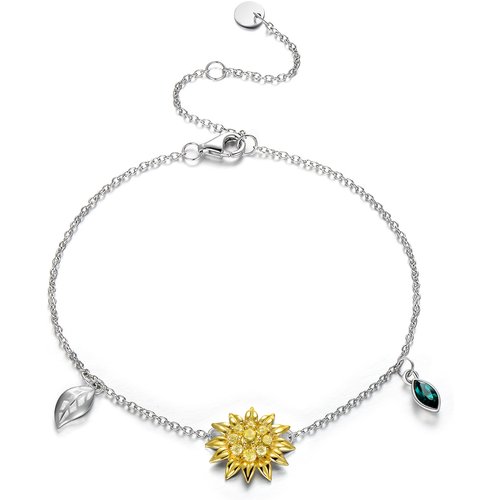 Sterling Silver Two-tone Circular Shaped Crystal Sunflower Single Layer Anklet