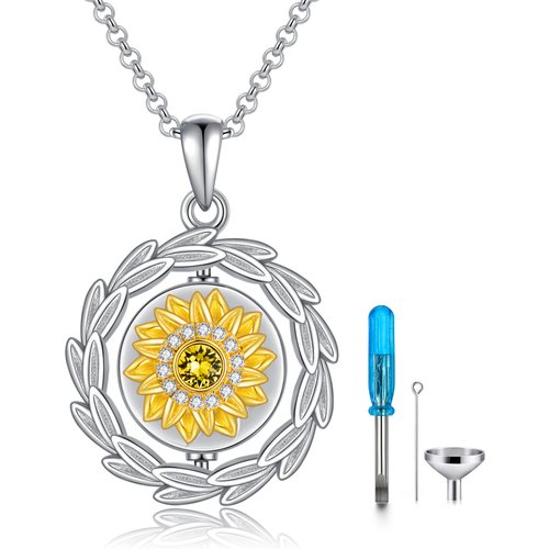 Sterling Silver Two-tone Circular Shaped Crystal Sunflower Urn Necklace for Ashes with Engraved Word