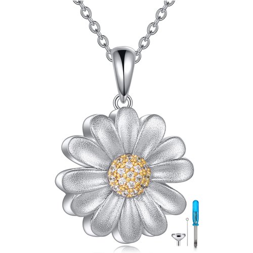 Sterling Silver Two-tone Circular Shaped Cubic Zirconia Daisy Urn Necklace for Ashes