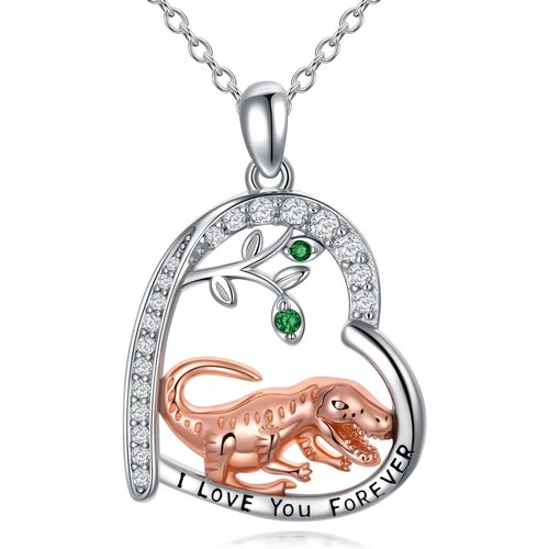 Sterling Silver Two-tone Circular Shaped Cubic Zirconia Dinosaurs Pendant Necklace
