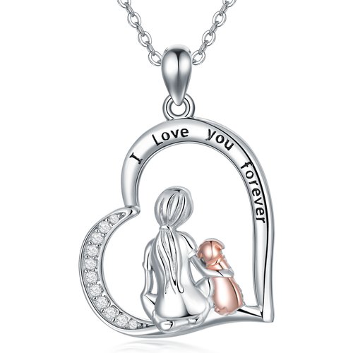 Sterling Silver Two-tone Circular Shaped Dog & Heart Pendant Necklace with Engraved Word