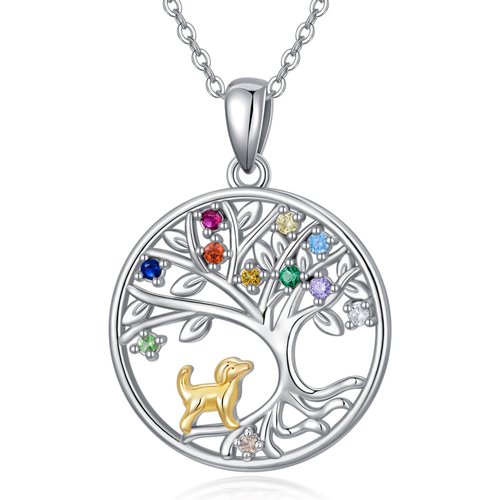 Sterling Silver Two-tone Circular Shaped Cubic Zirconia Dog & Tree Of Life Pendant Necklace