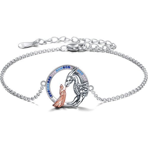 Sterling Silver Two-tone Circular Shaped Cubic Zirconia Dragon Charm Bracelet