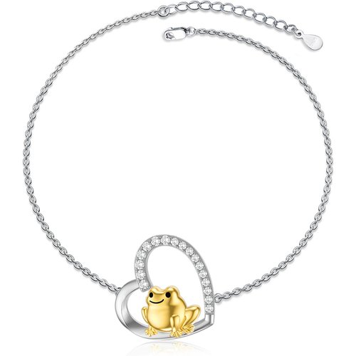 Sterling Silver Two-tone Circular Shaped Cubic Zirconia Frog & Heart Pendant Bracelet