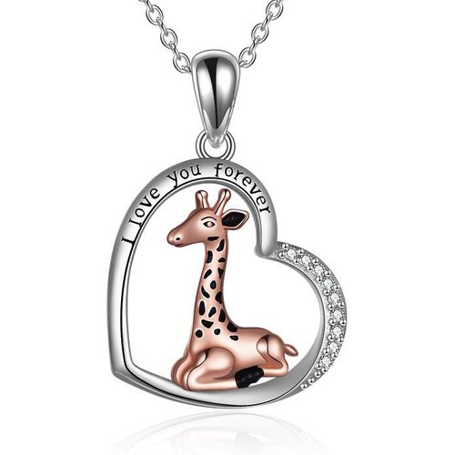 Sterling Silver Two-tone Circular Shaped Cubic Zirconia Giraffe & Heart Pendant Necklace with Engraved Word