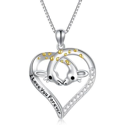 Sterling Silver Two-tone Circular Shaped Cubic Zirconia Giraffe Pendant Necklace with Engraved Word