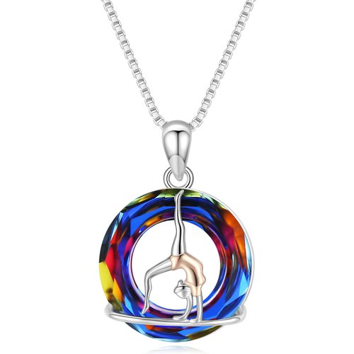 Sterling Silver Two-tone Circular Shaped Gymnast Crystal Pendant Necklace