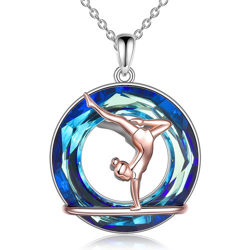 Sterling Silver Two-tone Circular Shaped Gymnastics Girl Crystal Pendant Necklace