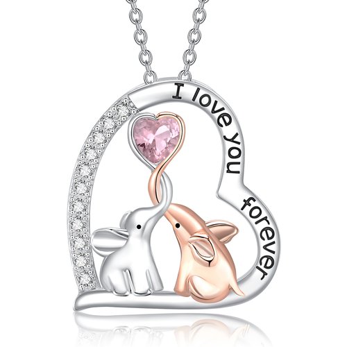 Sterling Silver Two-Tone Circular Zirconia Elephant Pendant Necklace With Engraved Word For Women